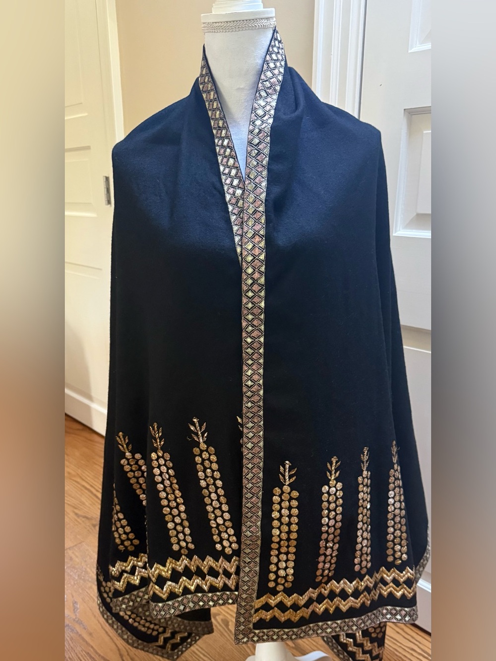 Dries Van Noten Black Shawl with Pink and gold and silverEmbroidered Trim